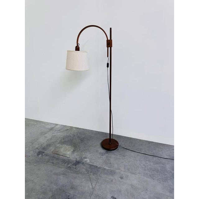 Mid-Century Modern Adjustable Teak Arc Floor Lamp with Fabric Shade, 1960s For Sale - Image 4 of 12