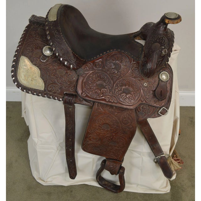 Animal Skin Billy Royal Vintage 15" Tooled Leather Show Saddle With Silver Braiding and Trim For Sale - Image 7 of 12
