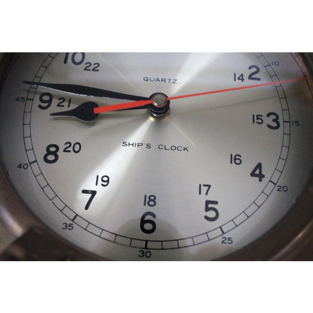 Vintage Brass and Wood Quartz Porthole Ship’s Clock For Sale - Image 4 of 9