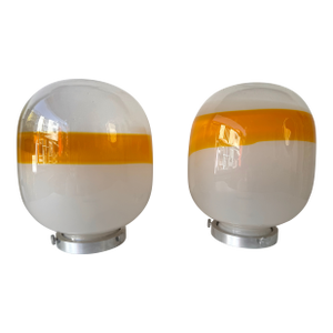 Pair of Murano Glass Orange White Smoke Saturn Lamps. Italy, 1970s