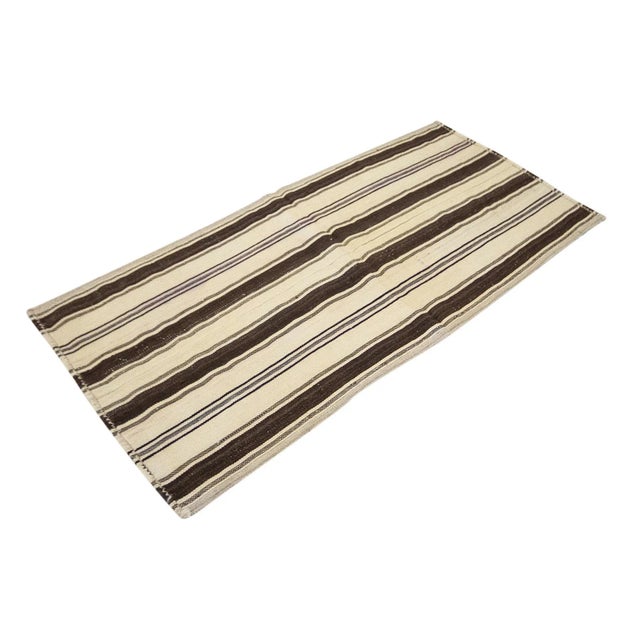 Traditional Mid 20th Century Ivory & Brown Striped Vintage Kilim Rug For Sale - Image 3 of 7
