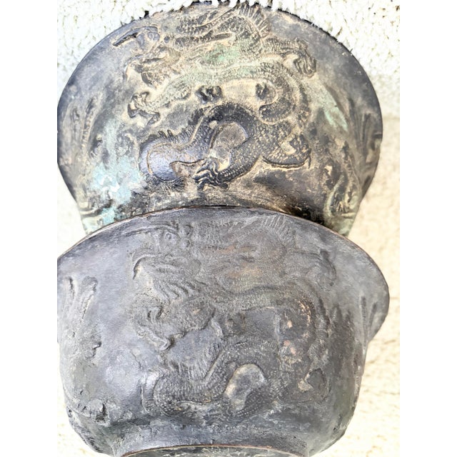 Antique Chinese Pair of Apocryphal Qing Dynasty Bronze Dragon Phoenix Fish Bowls For Sale - Image 11 of 12