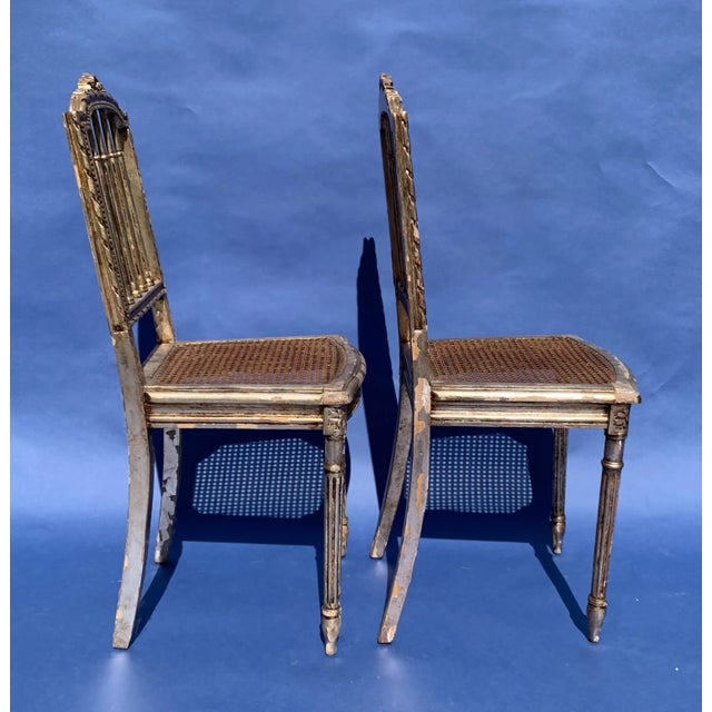 French Antique Louis XVI Gold Leaf and Cane Side Chairs- a Pair For Sale - Image 3 of 9