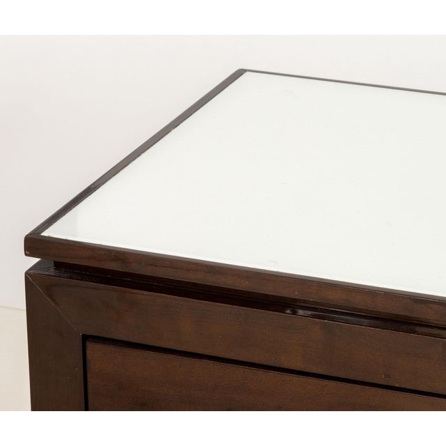 Modern White Glass and Mahogany Side Tables, Pair For Sale - Image 4 of 7