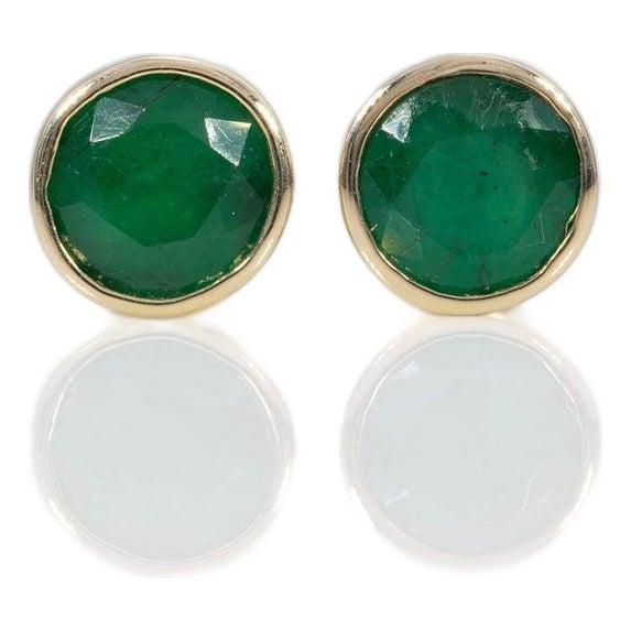 1.6Ct Zambian Emerald Solitaire Stud Earrings in Solid 14k Gold, Bezel Set 6mm For Sale