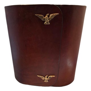 1970s Dark Cinnamon Leather Brass Eagle Wastebasket For Sale