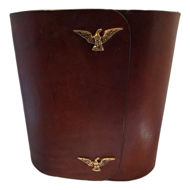 1970s Dark Cinnamon Leather Brass Eagle Wastebasket For Sale