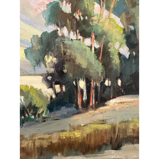 1950s Mid Century Perlita Stokes Plein Air Painting Landscape Oil Board Gilt Wood Frame California Impressionism For Sale - Image 4 of 12