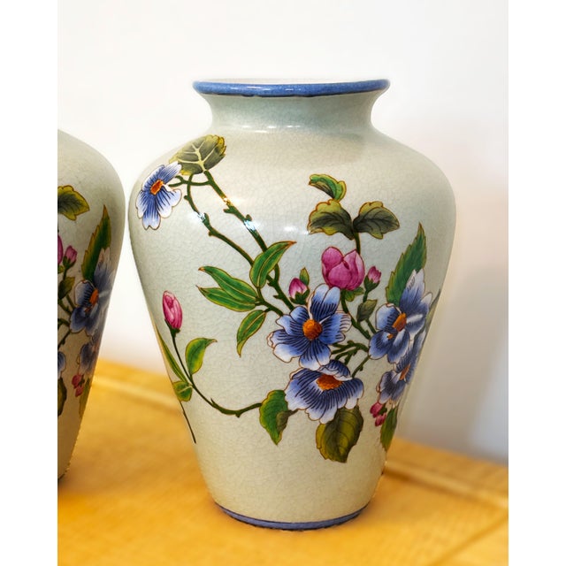 Ceramic Vintage Hand Painted Floral Vases - Gump's of San Francisco For Sale - Image 7 of 8