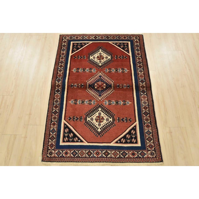 Tribal Yalameh Rug 3’3” X 4’9” Red Wool Vintage Tribal Hand-Knotted Oriental Carpet For Sale - Image 3 of 12