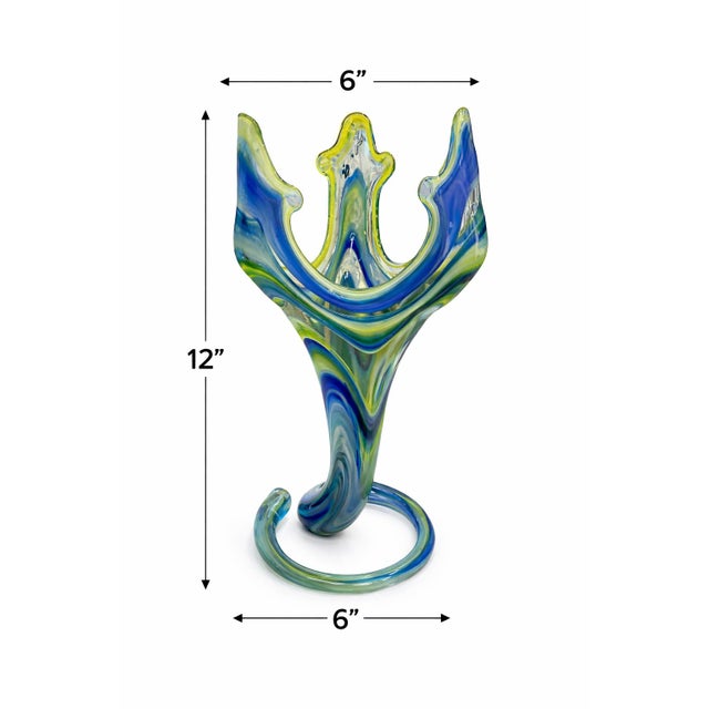 Late 20th Century Contemporary Hand-Blown Studio Art Glass Sculpture in Blue & Green With Freeform Crown For Sale - Image 5 of 6