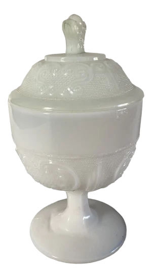 Vintage Opalescent Milk Glass Compote/ Covered Candy Dish