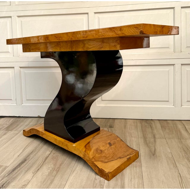 Art Deco Revival Burlwood Console Table With Sculptural Curved Base For Sale In Los Angeles - Image 6 of 16