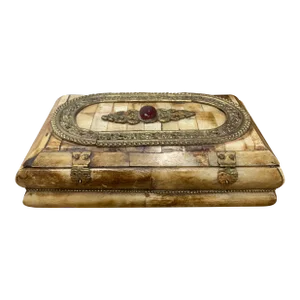 Mid 20th Century Vintage Large Bone Box With Hammered Brass Fittings & Center Medallion