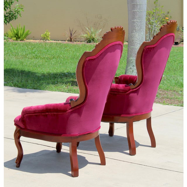 Vintage Victorian Revival Mahogany His & Hers Parlor Chairs Red Velvet Pair For Sale In Naples, FL - Image 6 of 18