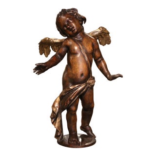 Mid-18th Century Italian Hand Carved Walnut and Gilt Putti Sculpture With Wings For Sale