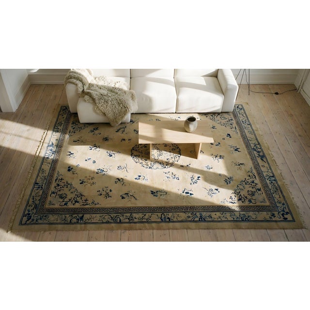 1890s Beige Floral Antique Chinese Peking Rug 11' 9" X 14' 8" Handknotted Wool Carpet For Sale - Image 11 of 13