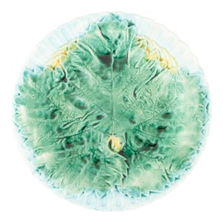 19th Century English Majolica Turquoise & Green Begonia Leaf Plate For Sale