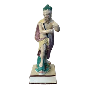 Antique Early 19th Century Staffordshire Pearlware Figure of Neptune or Poseidon Standing Atop a Dolphin C. 1800