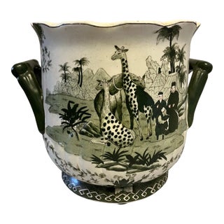 1990s Green Transferware Porcelain Giraffe Cache Pot For Sale