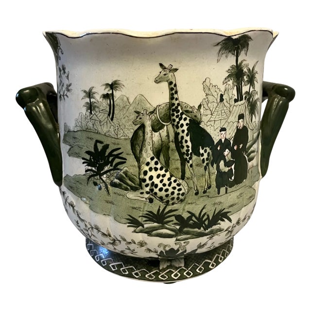 1990s Green Transferware Porcelain Giraffe Cache Pot For Sale