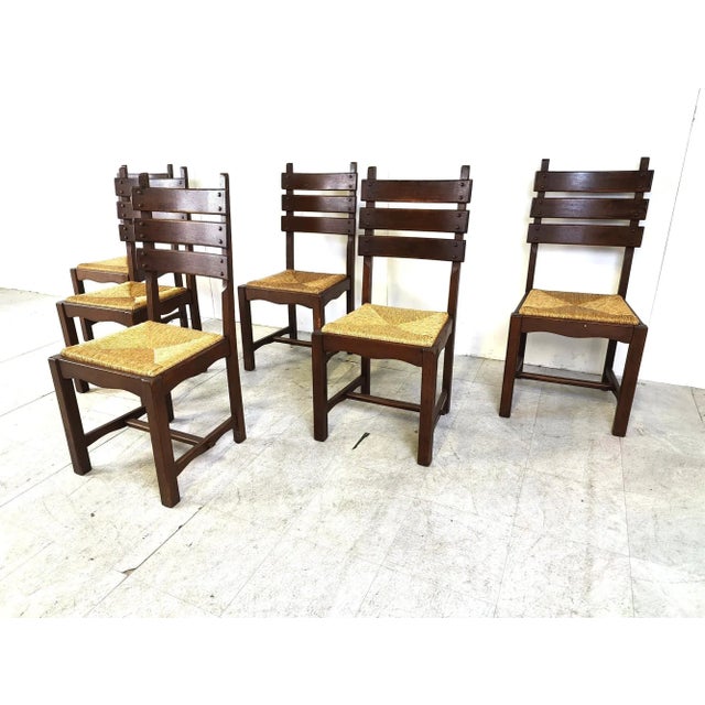 Wood Vintage Oak and Wicker Brutalist Dining Chairs, 1960s, Set of 6 For Sale - Image 7 of 11