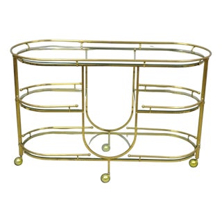 Vintage Mid Century Modern Brass 3 Tier Oval Frame Rolling Bar Cart Server Table For Sale