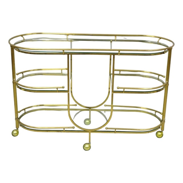 Vintage Mid Century Modern Brass 3 Tier Oval Frame Rolling Bar Cart Server Table For Sale