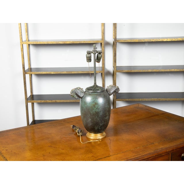 Midcentury English Verdigris Bronze Two-Light Table Lamp with Horse Heads For Sale In Atlanta - Image 6 of 10