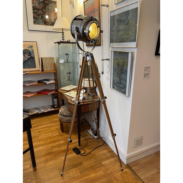 Vintage theater spotlight by Furse (from a London theater), steel body, Fresnel lens, dimmer switch, rewired, mounted on a...