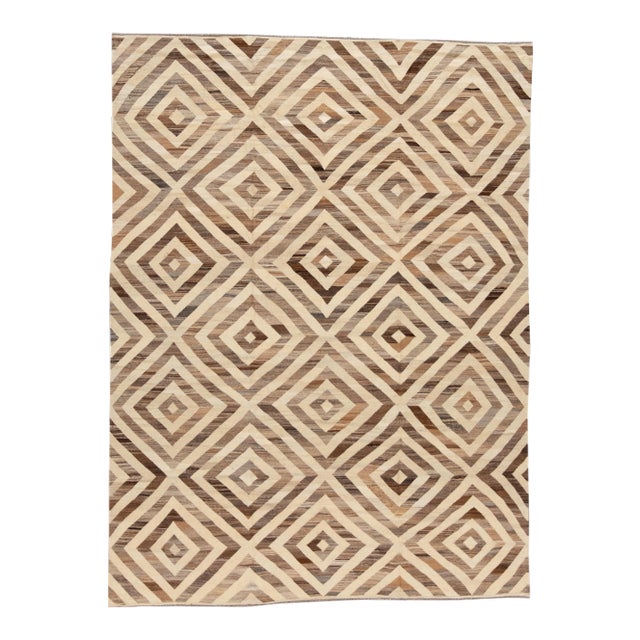 Modern Geometric Kilim Handmade Wool Rug in Beige & Brown For Sale