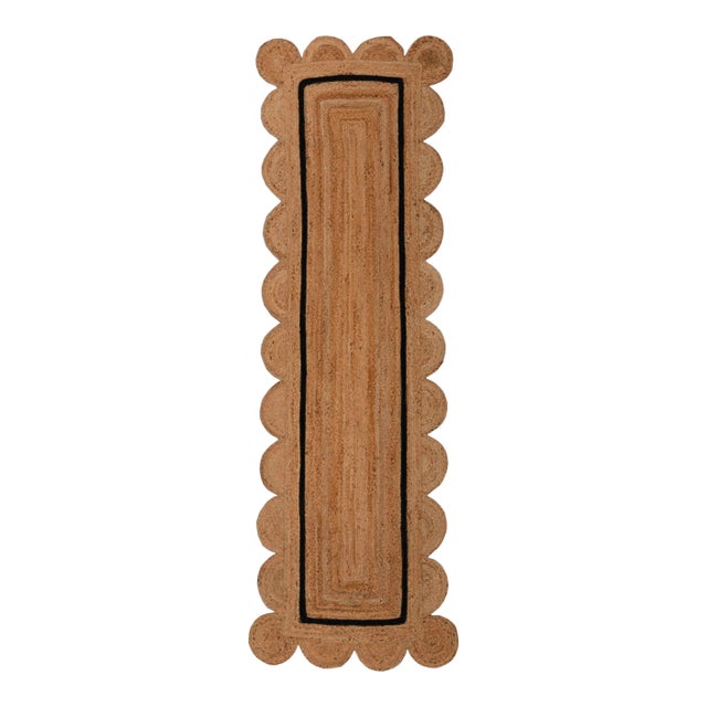 3x15 Ft. Black Jute Scallop Single Border Handmade Boho Rug For Sale