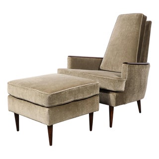 Mid-Century Walnut & Smoked Taupe Mohair Curved Arm Lounge Chair & Ottoman For Sale