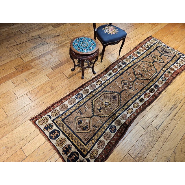 Antique 19th C. Persian Kurdish Tribal Runner Rug, Hand-Knotted Wool, Geometric Pattern, 3x10, Camelhair & Ivory For Sale - Image 4 of 15