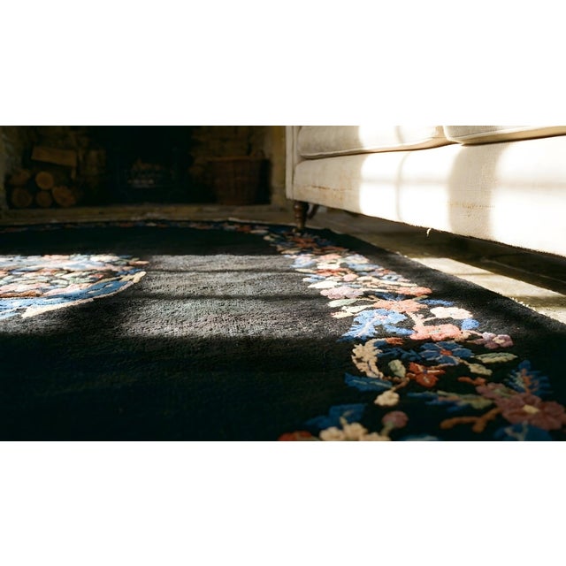 1920s Black Medallion Floral Antique Oval Chinese Art Deco Carpet 4'1" X 6'10" Wool Knotted Rug For Sale - Image 12 of 12