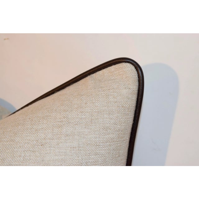 Modern Heavy Linen Pillow With Leather Welting For Sale - Image 3 of 5