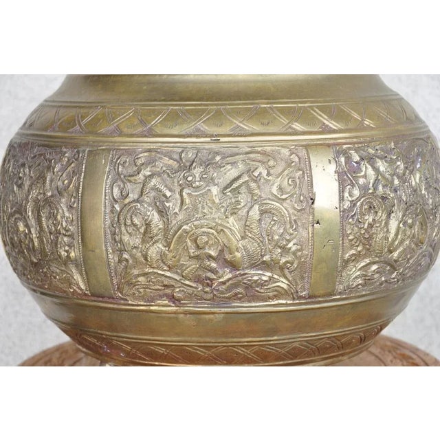 Metal Antique Indian or Sri Lankan Brass Ceremonial Temple Water Vessel With Relief Art and Leopard Form Handle For Sale - Image 7 of 12