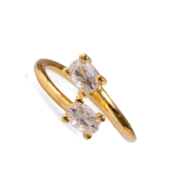 Contemporary Double Diamond Stone & Gold Dainty Adjustable Ring, Size 4 For Sale - Image 3 of 6
