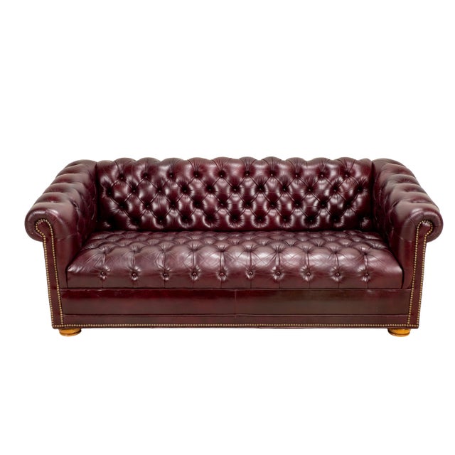 1970s Vintage 1970s Tufted English Chesterfield Style Burgundy Leather Sofa 76" For Sale - Image 5 of 18
