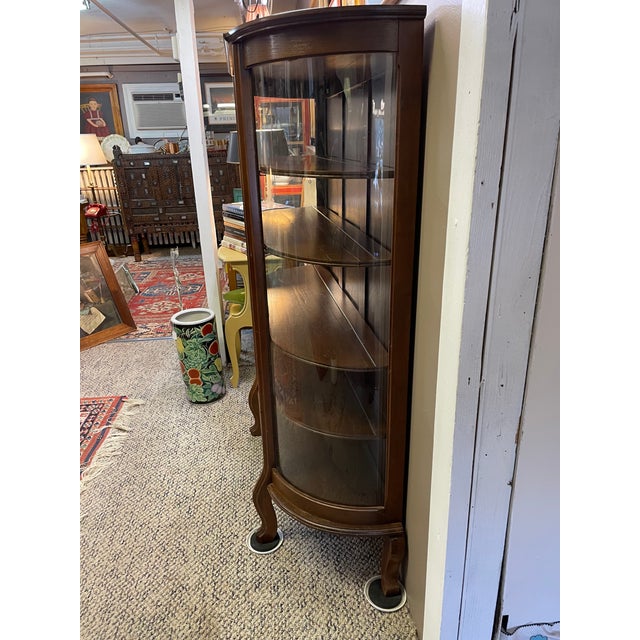 Wood Antique Empire Bow Front Oak and Curved Glass Curio Cabinet Vitrine For Sale - Image 7 of 10