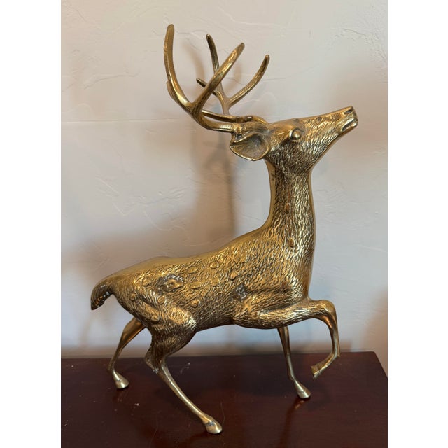 Metal Vintage Solid Brass a Pair of Large Spotted Solid Brass Deer Statues, a Buck and a Doe Decor For Sale - Image 7 of 11