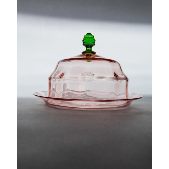 Vintage Glass Cloche Dish with Plate in Pink and Green Glass with Engraved Floral Decor, Italy, 1930s For Sale - Image 9 of 11