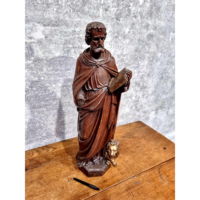 Wood Dutch Artist, Hand Carved Holy Statue of Evangelist Marcus, 17th Century, Oak For Sale - Image 7 of 18