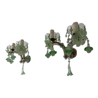 C 1920 Rare Pair Green Murano Flowers Ribbon Crystal Sconces One of Kind For Sale