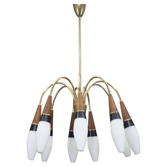 Gold Brass and Teak Opaline Glass Chandelier by Rupert Nikoll, Austria, 1960s For Sale - Image 8 of 8