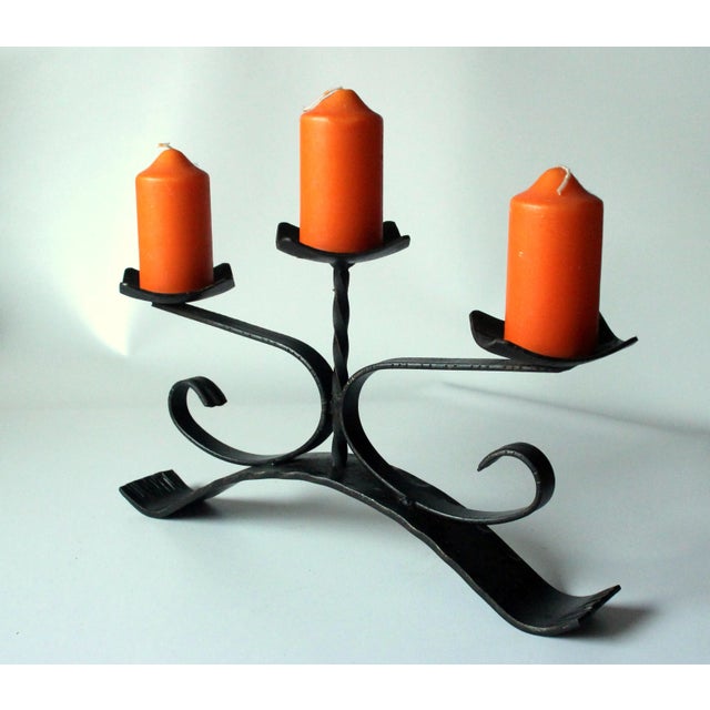 Mid-Century Modern 1960s Vintage - Handmade Wrought Iron 3 Arms Candle Holder For Sale - Image 3 of 7