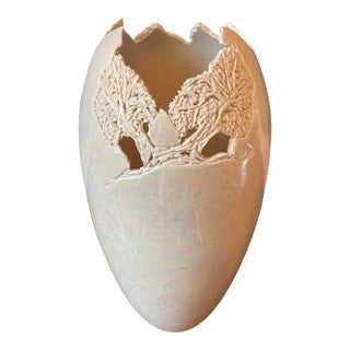 Large Signed Iridescent Studio Ceramic Vessel – 16” Sculptural Form For Sale