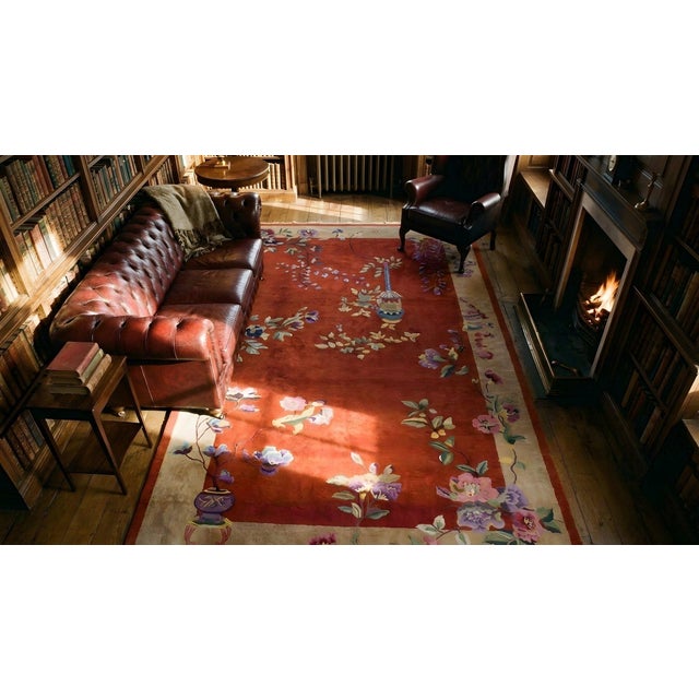 Raspberry Red Grand Red-Raspebery Background in a Floral Desgin Antique Chinese Art Deco Rug For Sale - Image 8 of 8