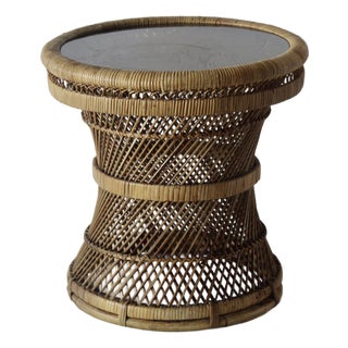 1970s Ficks Reed Style Bohemian Round Handwoven Rattan Wicker Drum Side Drink Table For Sale