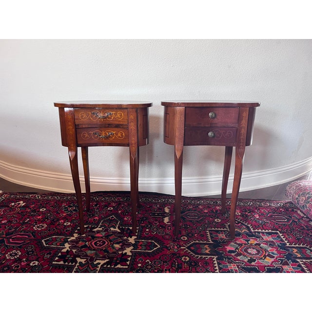 Pair of Vintage Italian Marquetry Inlaid Kidney-shaped Walnut Side table with Two Drawers Louis XV style legs Design:...
